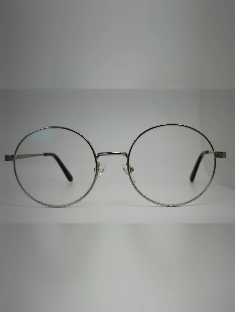 Inscription. Classic Round Silver Metal Glasses. Matsuda Type Decor Temple.